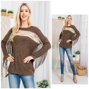 Wool Blend Brown Floral Lace Trim Tassel Fringed MOTO Sweater Top T0005